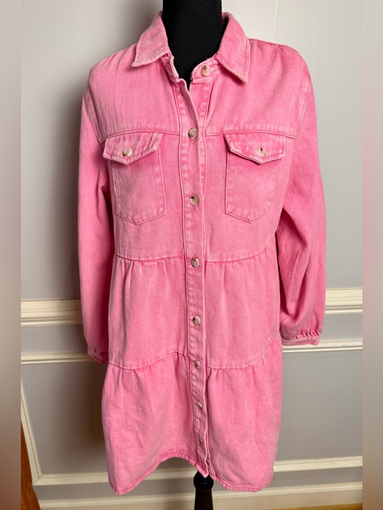 ANDREE BY UNIT Dresses & Skirts - Andrée By Unit Pink Denim Tiered Shirt Dress Button Front Long Sleeve M